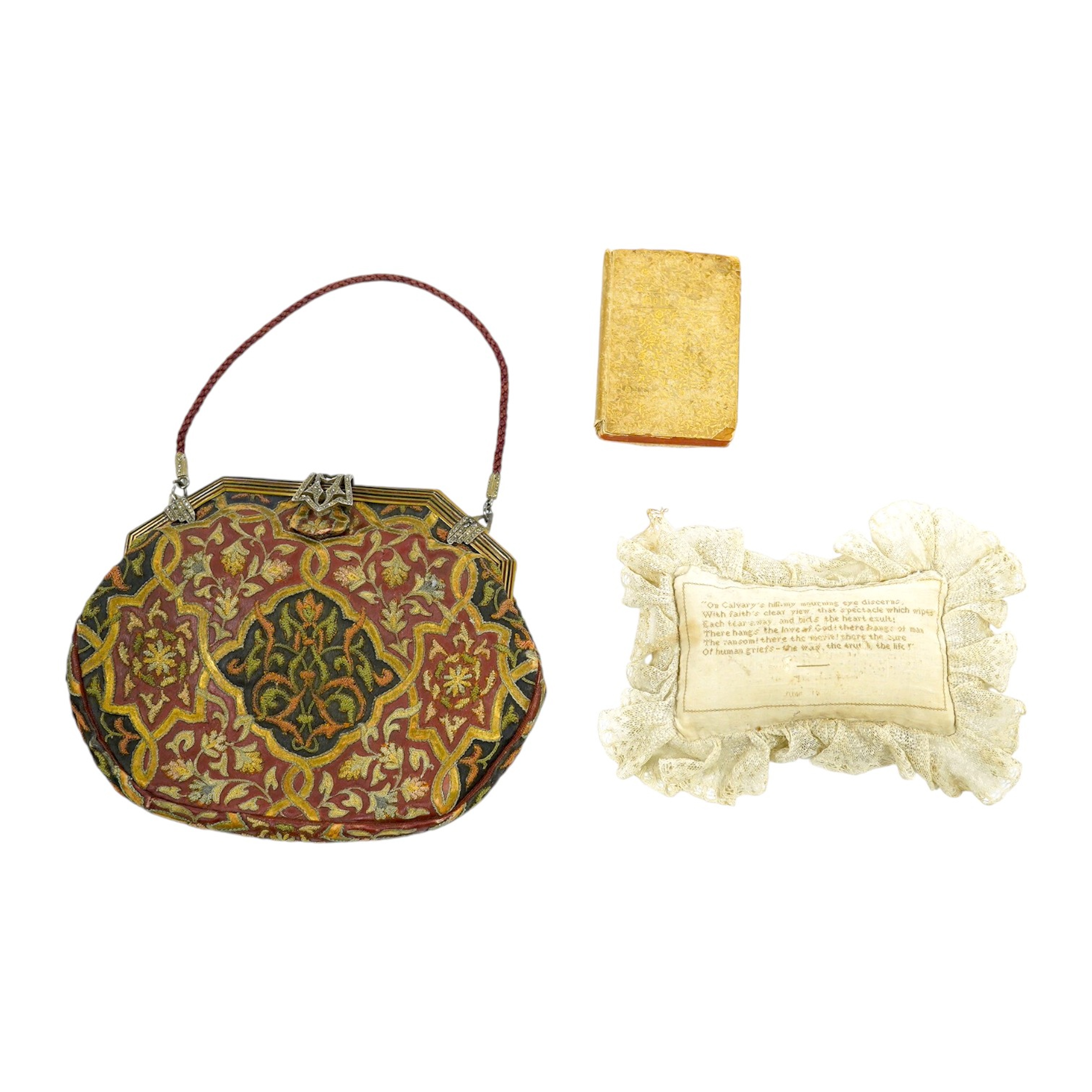 A Finnigans of London leather silk embroidered evening bag, a silk embroidered pin cushion and a small book ‘Gold Dust’, bag 16cm wide. Condition - all used